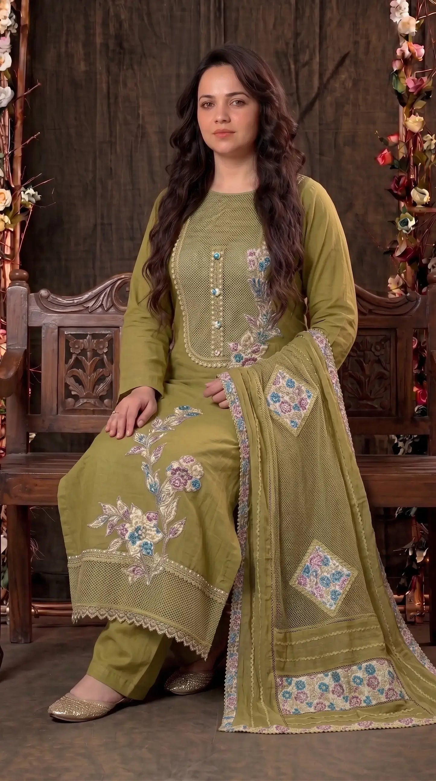 Premium Designer Olive Green Mul Pakistani Designer Suit