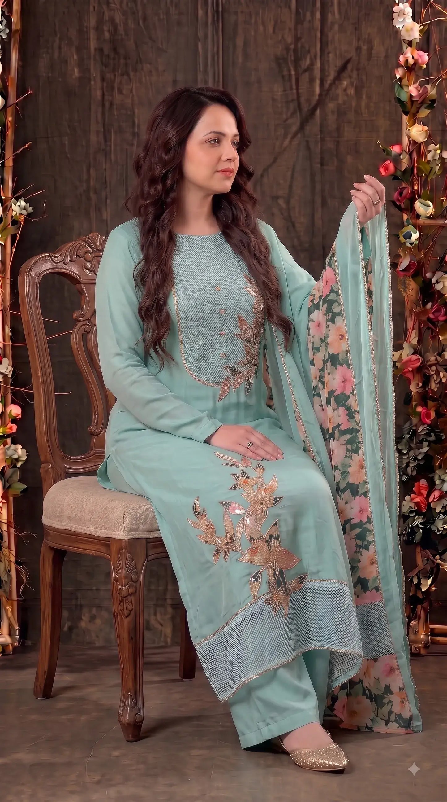 Premium Designer Aqua Blue Tissue Pakistani Designer Suit