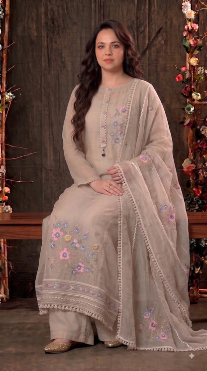 Premium Designer Beige Kota Pakistani Suit with Floral Embroidery