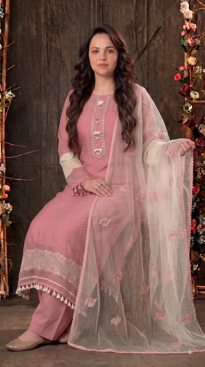 Premium Designer Dusty Pink Kota Pakistani Suit with Elegant Embroidery