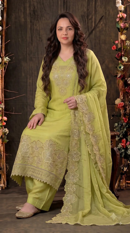 Premium Designer Lime Silk Pakistani Suit with Golden Floral Embroidery