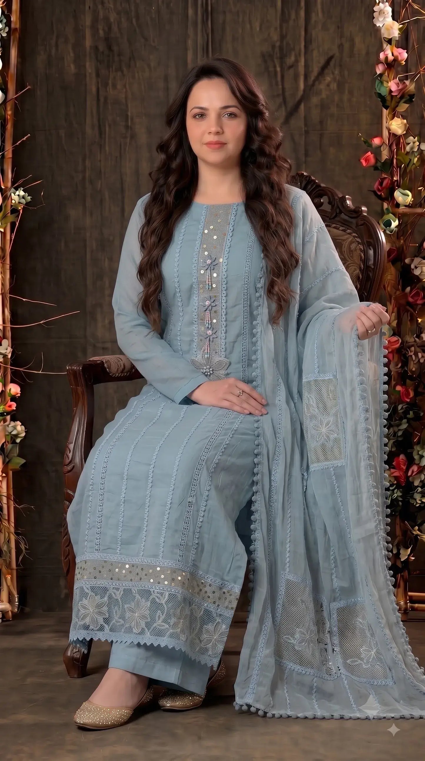 Premium Designer Powder Blue Soft Mul Pakistani Suit with Pearl Tassel Work