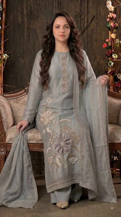 Premium Designer Silver Shade Designer Suit in Soft Tissue Fabric with Royal Hand Work