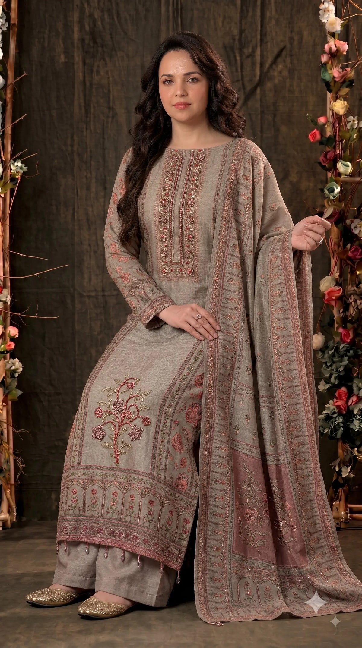Pakistani Designer Grey Very Soft Tissue Suit with Pink Floral Pearl, Bead & Sequin Work