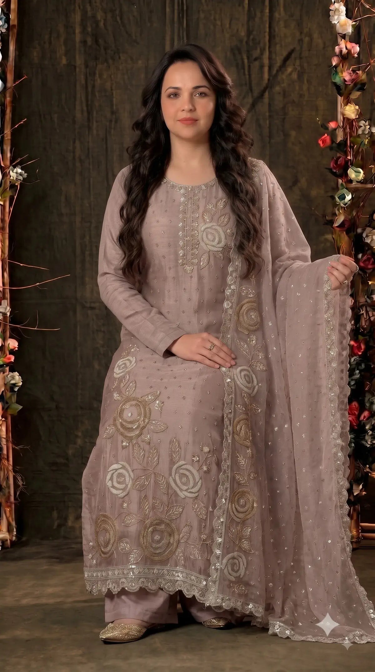 Premium Dusty Mauve Taupe Soft Tissue Designer Suit with Pearl Work