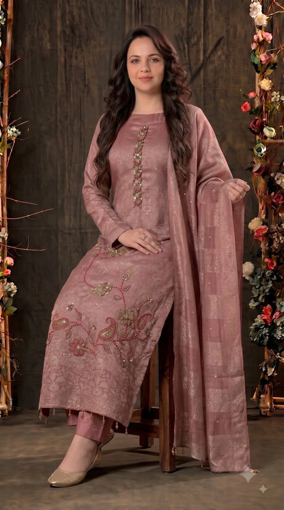 Premium Designer Antique Rose Banarasi Suit with Bead & Sequin Work
