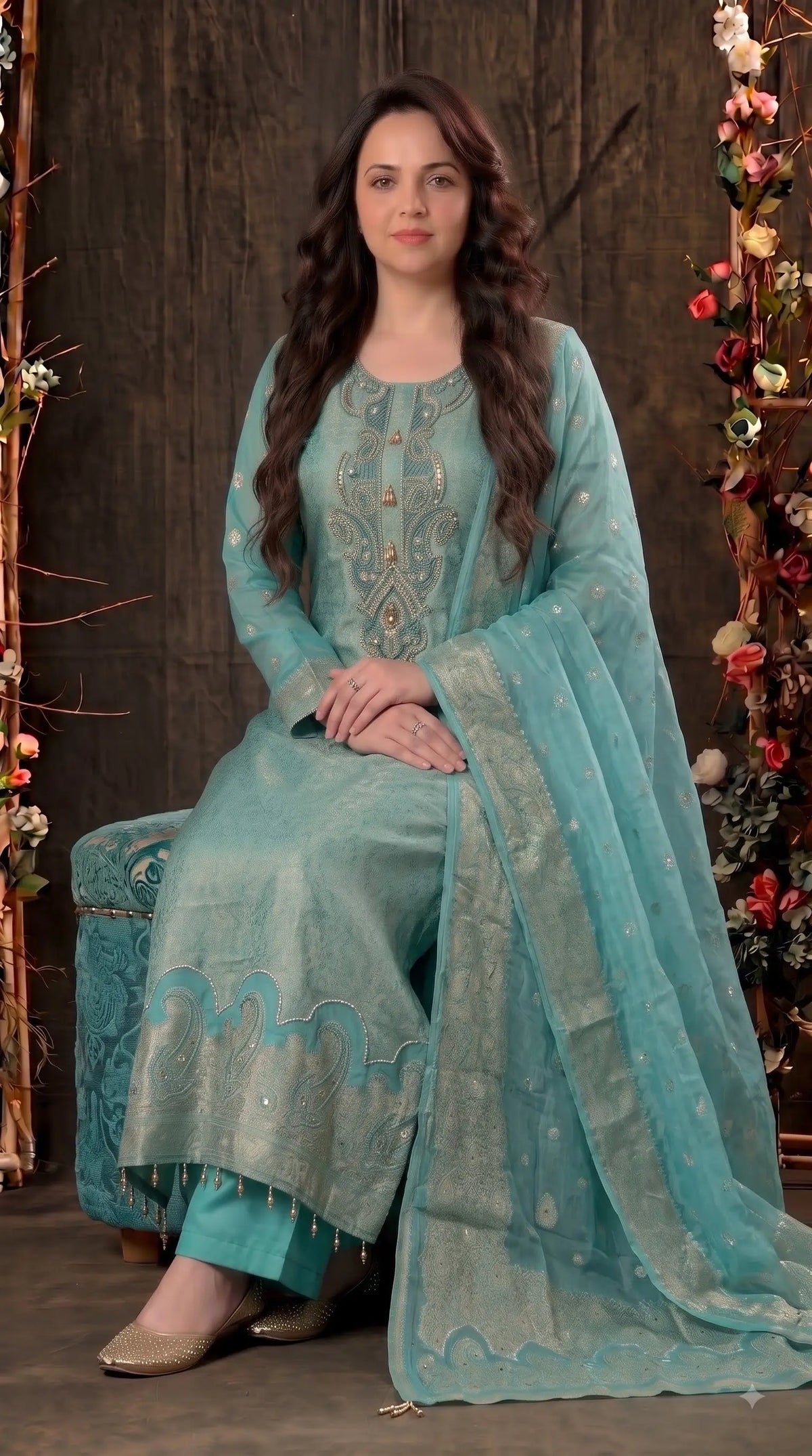 Premium Designer Aqua Turquoise Tulfi Texture Suit with Bead & Paisley
