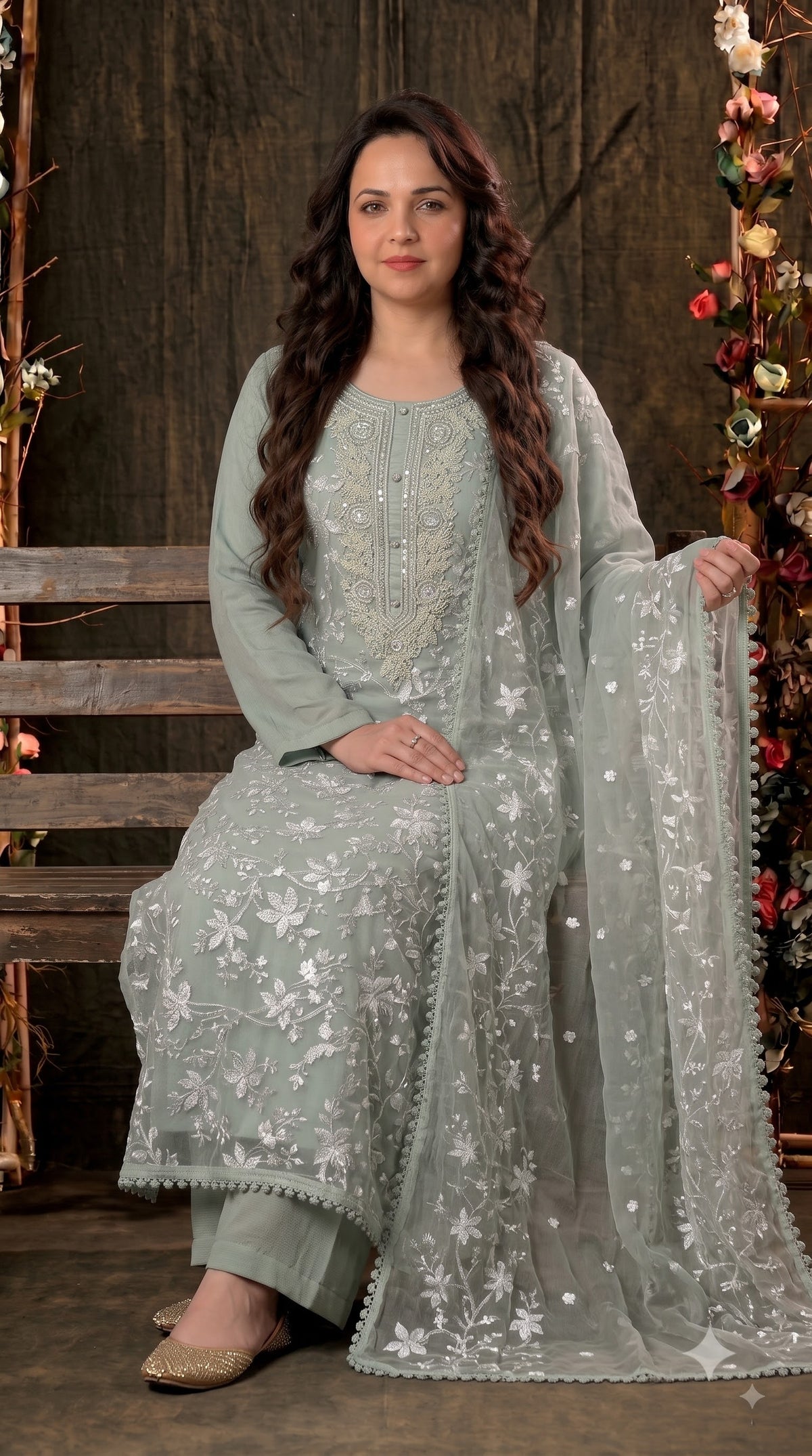 Premium Designer Soft Sage Green Soft Chiffon Suit with Elegant Applique Floral Work & Graceful