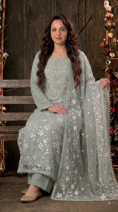 Premium Designer Soft Sage Green Soft Chiffon Suit with Elegant Applique Floral Work & Graceful