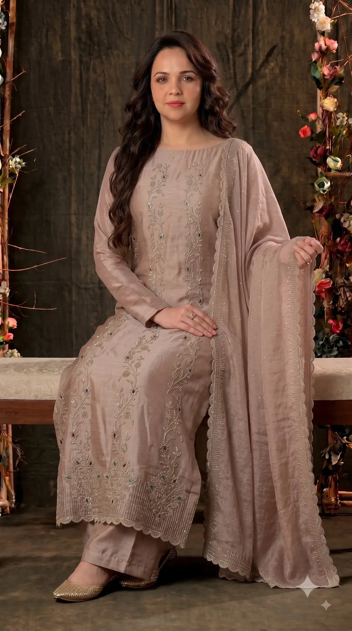 Pakistani Designer Rose Pink Ziraf Suit with Pearl, Bead & Stone Work