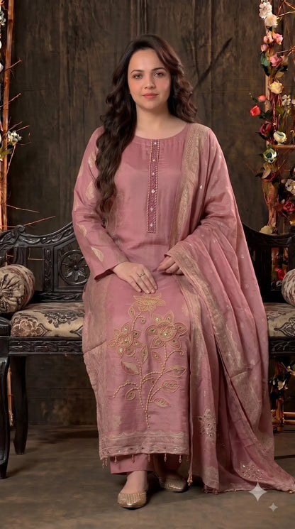 Pakistani Soft Pink Banarsi Pakistani Designer Suit with Floral Embroidery, Pearl, Bead & Mirror Work