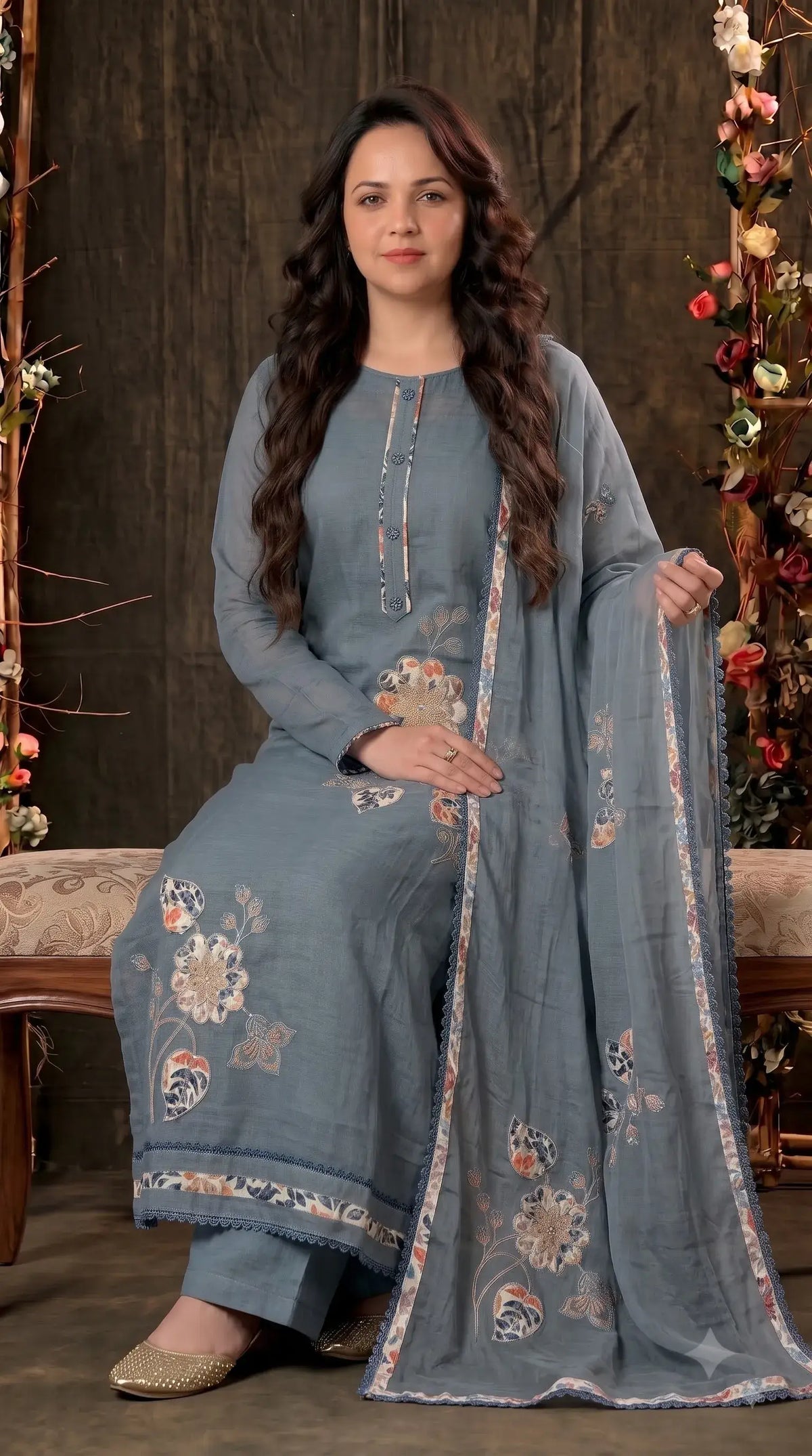 Premium Slate Blue Soft Cotton Suit with Floral Appliqué, Thread & Pearl Work