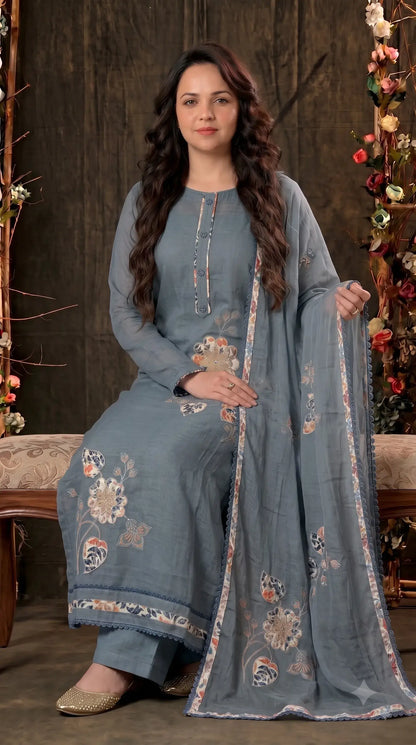 Premium Slate Blue Soft Cotton Suit with Floral Appliqué, Thread & Pearl Work