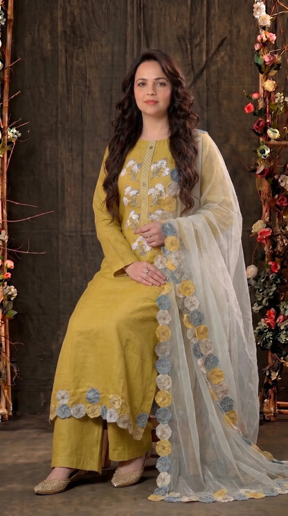 Mustard Yellow Designer Cotton Suit with Boutique Finish