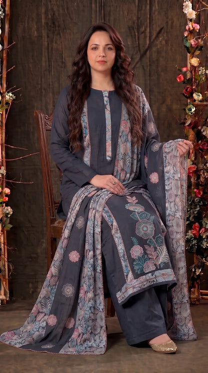 Navy Blue Mul Cotton Suit with Floral Embroidery & Printed Dupatta