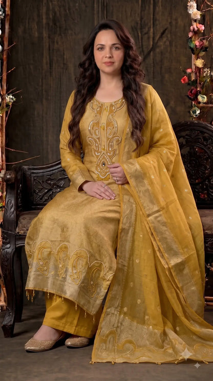 Pakistani Designer Yellow Shade Soft Tissue Suit with Bead & Paisley