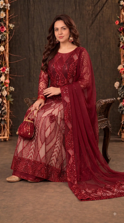 Royal Red Imported Premium Soft Net Pakistani Designer Suit with Handwork, Cut Dana, Pearl & Sequin Work