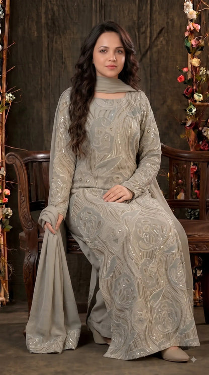 Premium Designer Ivory & Blue Organza Ethnic-Western Suit with Pearl, Bead & Sequin Work