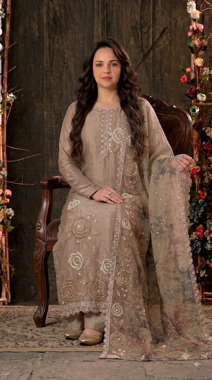 Premium Designer Beige Soft Tissue Suit with Pearl, Bead & Sequin Floral Work