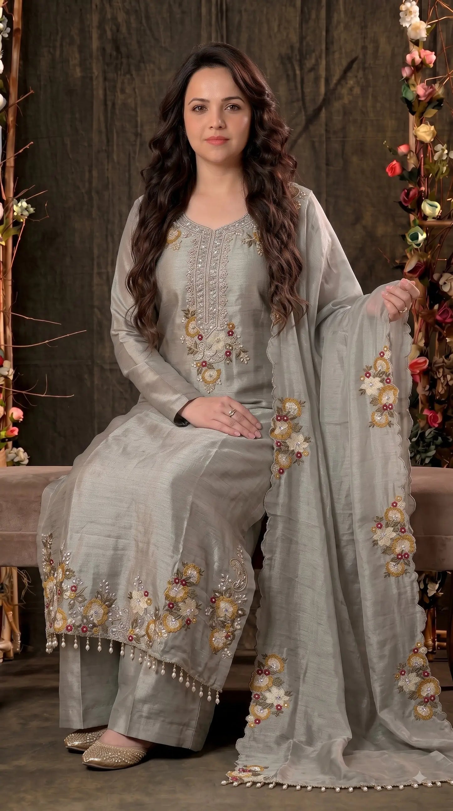 Premium Designer Silver Grey Giraffe Fabric Suit with Pearl, Sequin & Floral Embroidery Work
