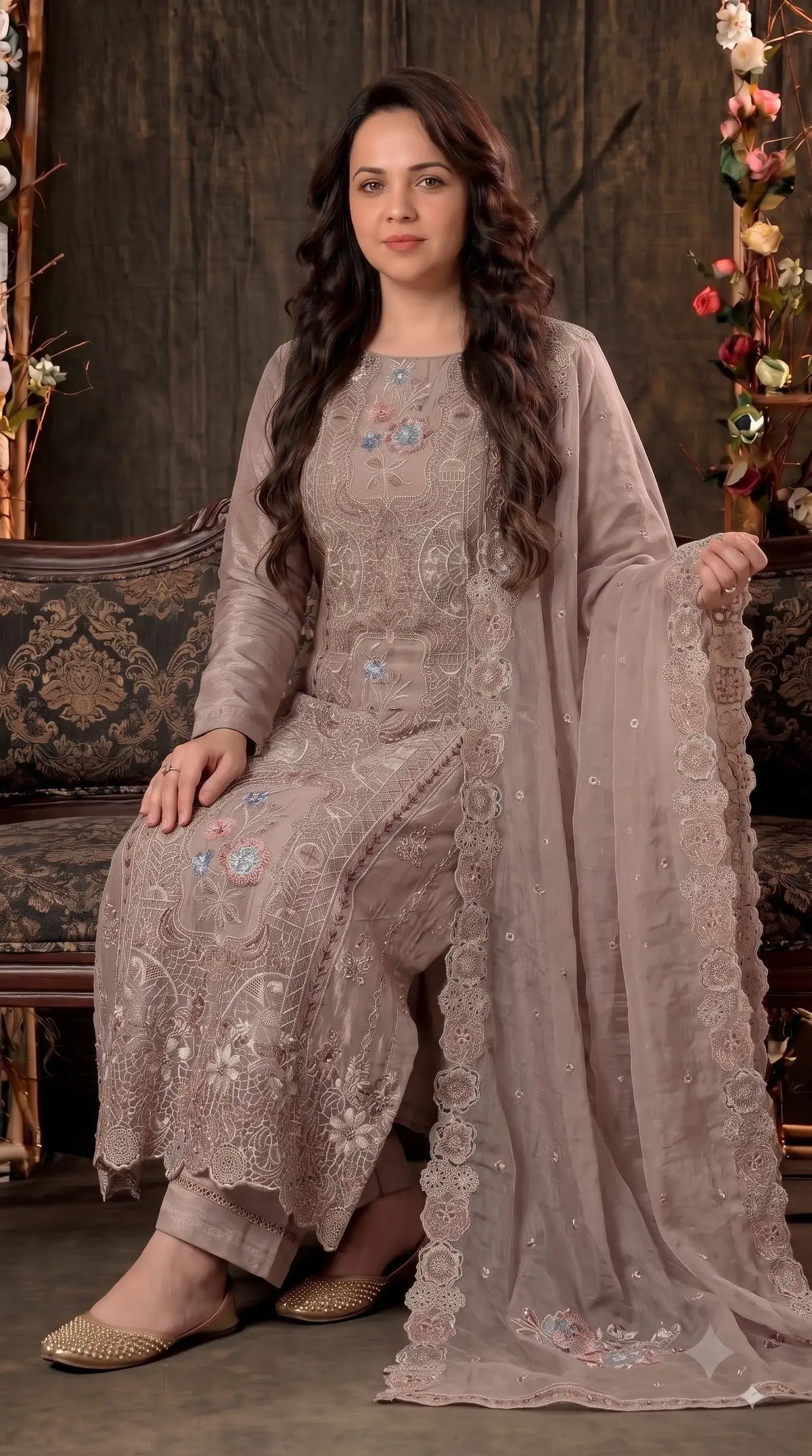 Premium Designer Dusty Rose Taupe Shimmer Silk Suit with Cutwork Floral Embroidery