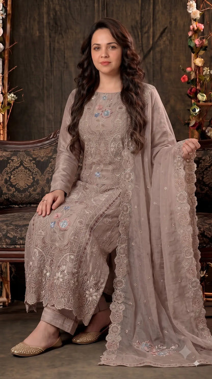 Premium Designer Dusty Rose Taupe Shimmer Silk Suit with Cutwork Floral Embroidery