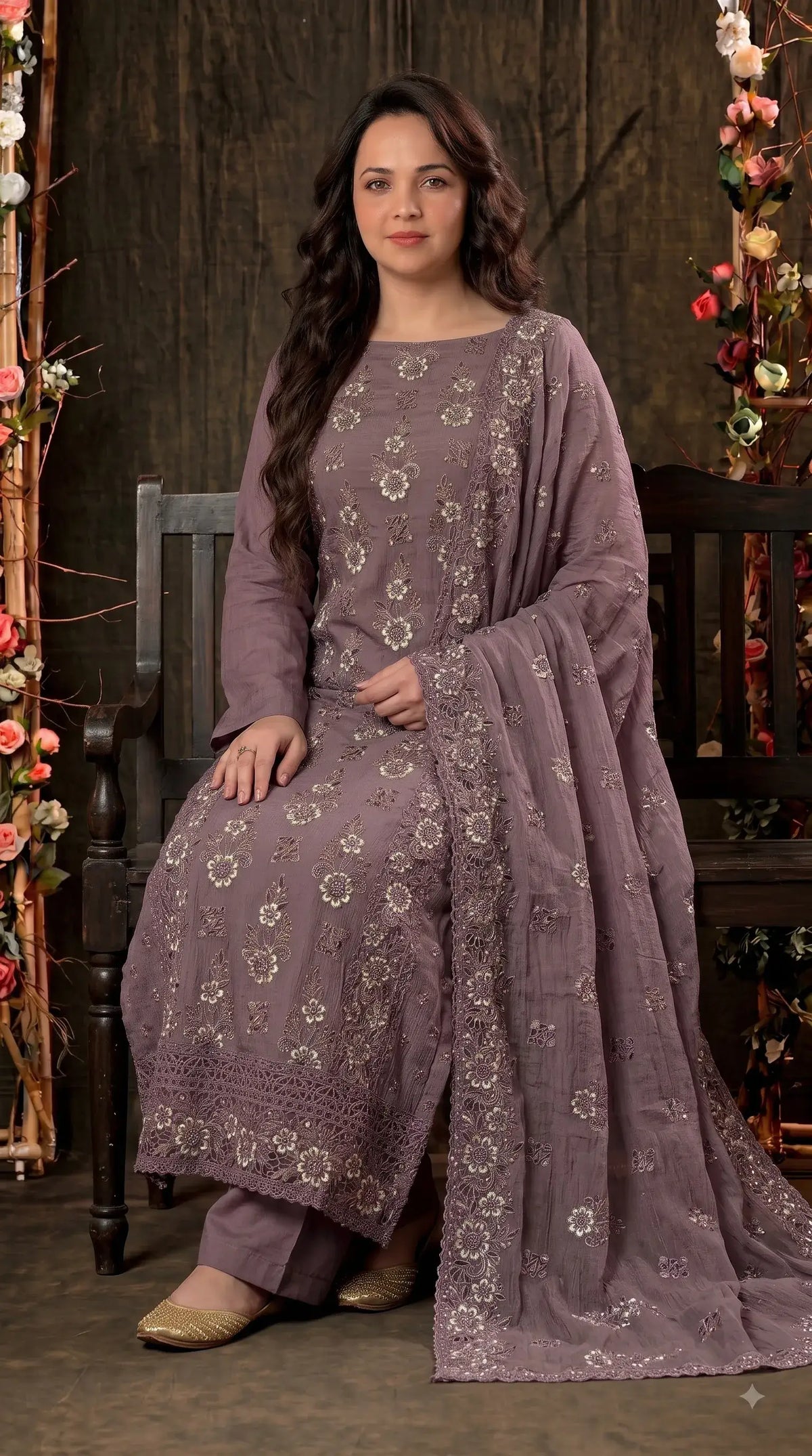 Pakistani Designer Mauve Shade Soft Crush Tissue Suit with Floral Embroidery, Pearl & Sequin Work