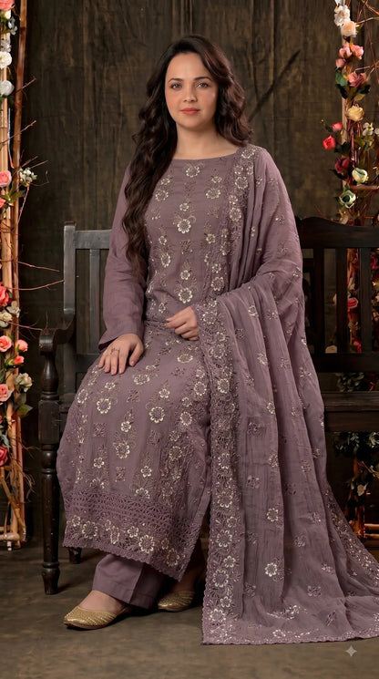 Pakistani Designer Mauve Shade Soft Crush Tissue Suit with Floral Embroidery, Pearl & Sequin Work