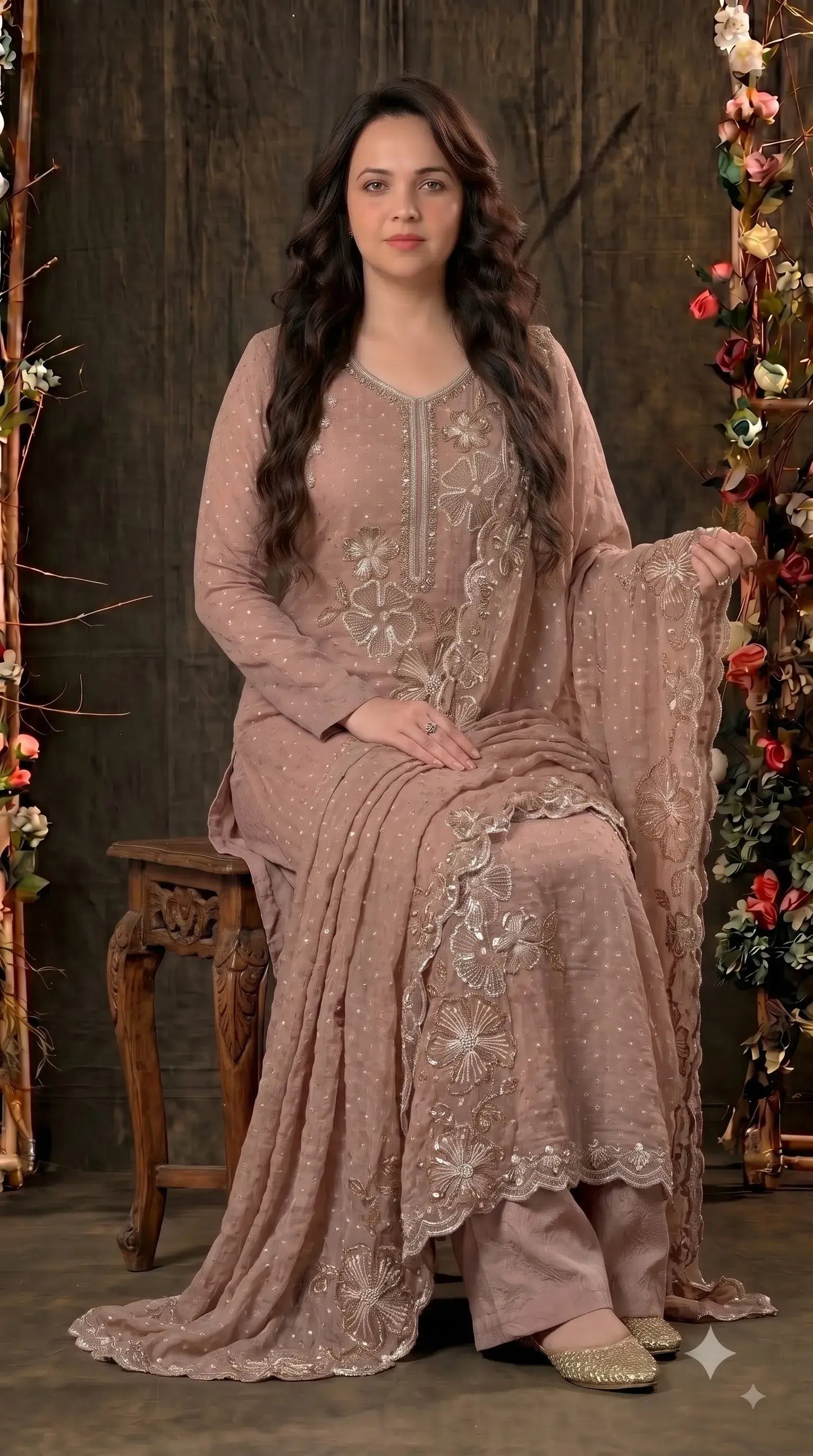 Premium Designer Blush Taupe Soft Tissue Suit with Pearl Floral Work