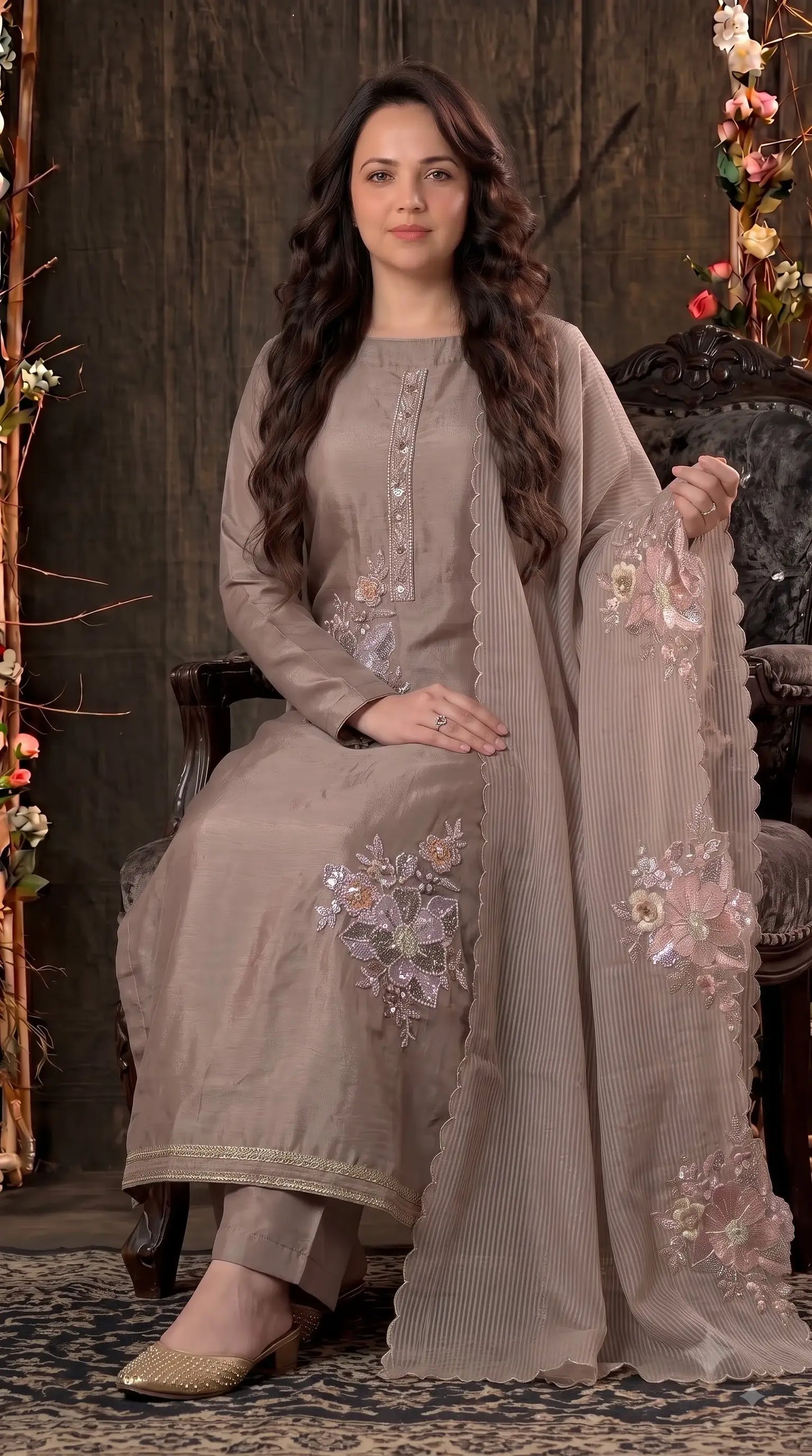 Premium Designer Mocha Taupe Organza Suit with 3D Floral Bead & Sequin Work