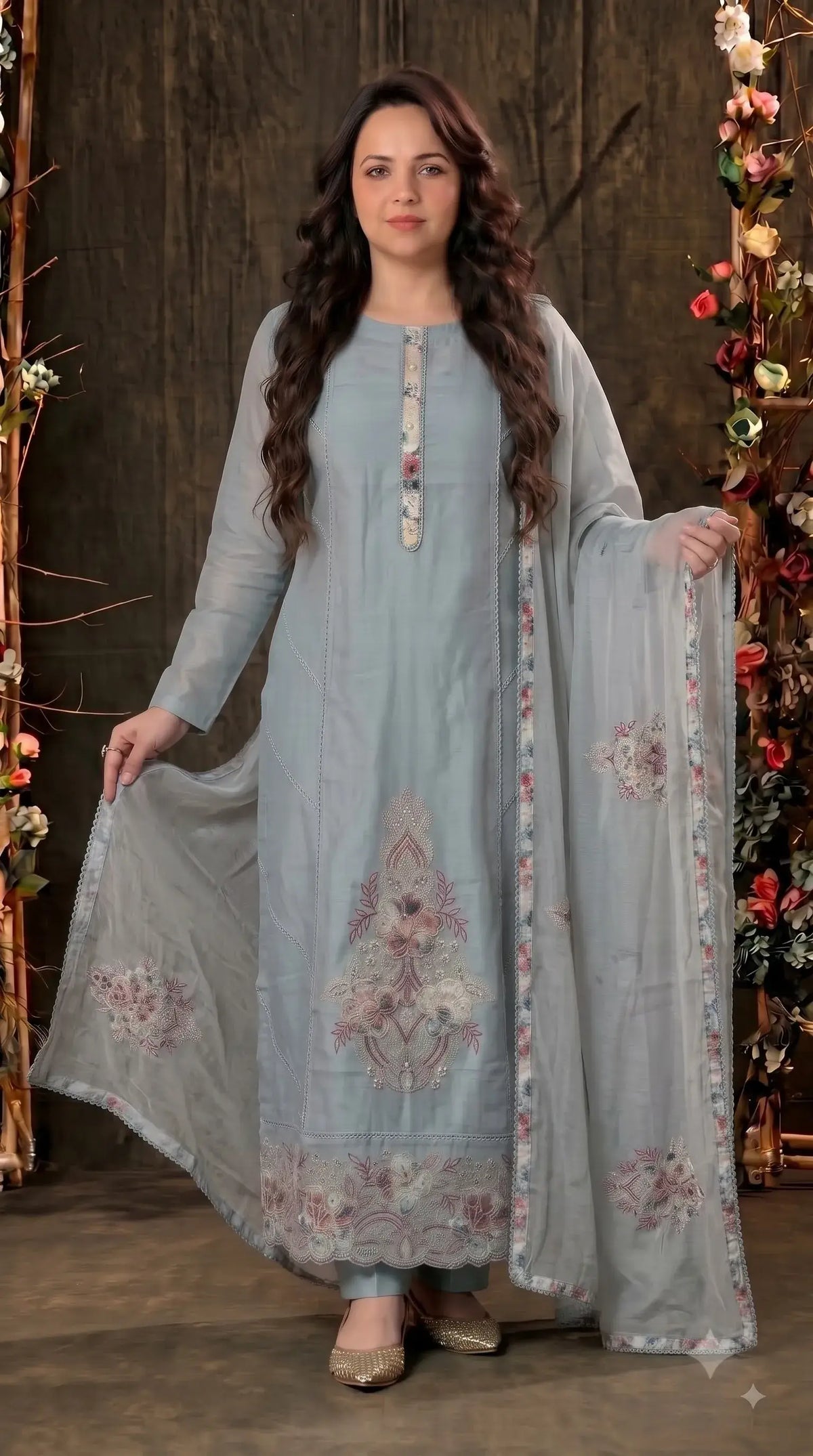 Pakistani Designer Soft Cotton Blue Suit With Floral Embroidery & Pearl Work