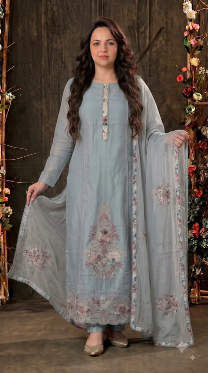 Pakistani Designer Soft Cotton Blue Suit With Floral Embroidery & Pearl Work