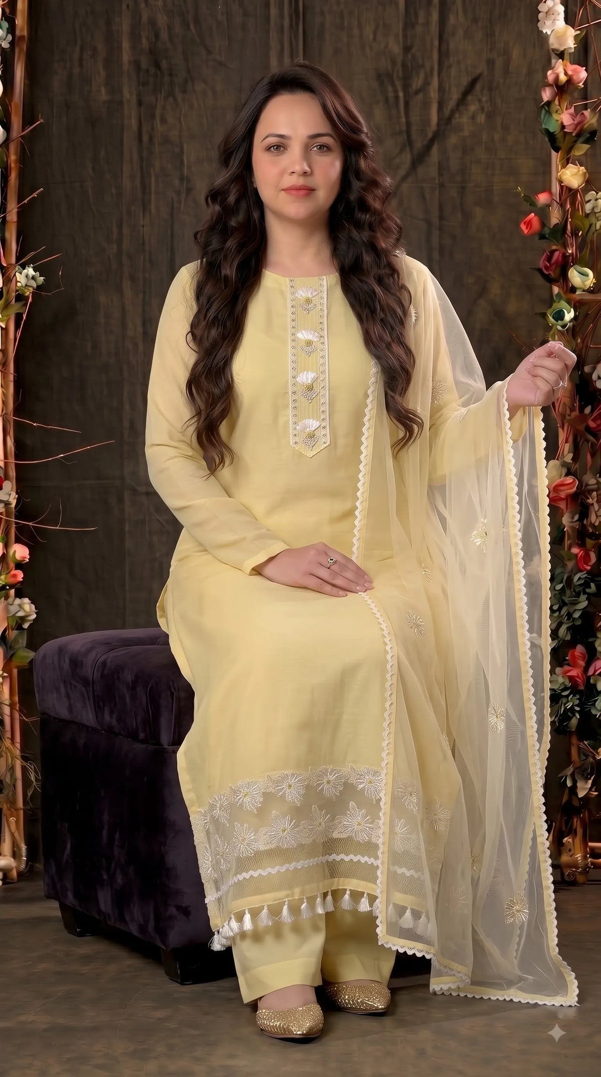 Premium Designer Soft Yellow Super Soft Cotton Suit with Elegant Floral Detailing