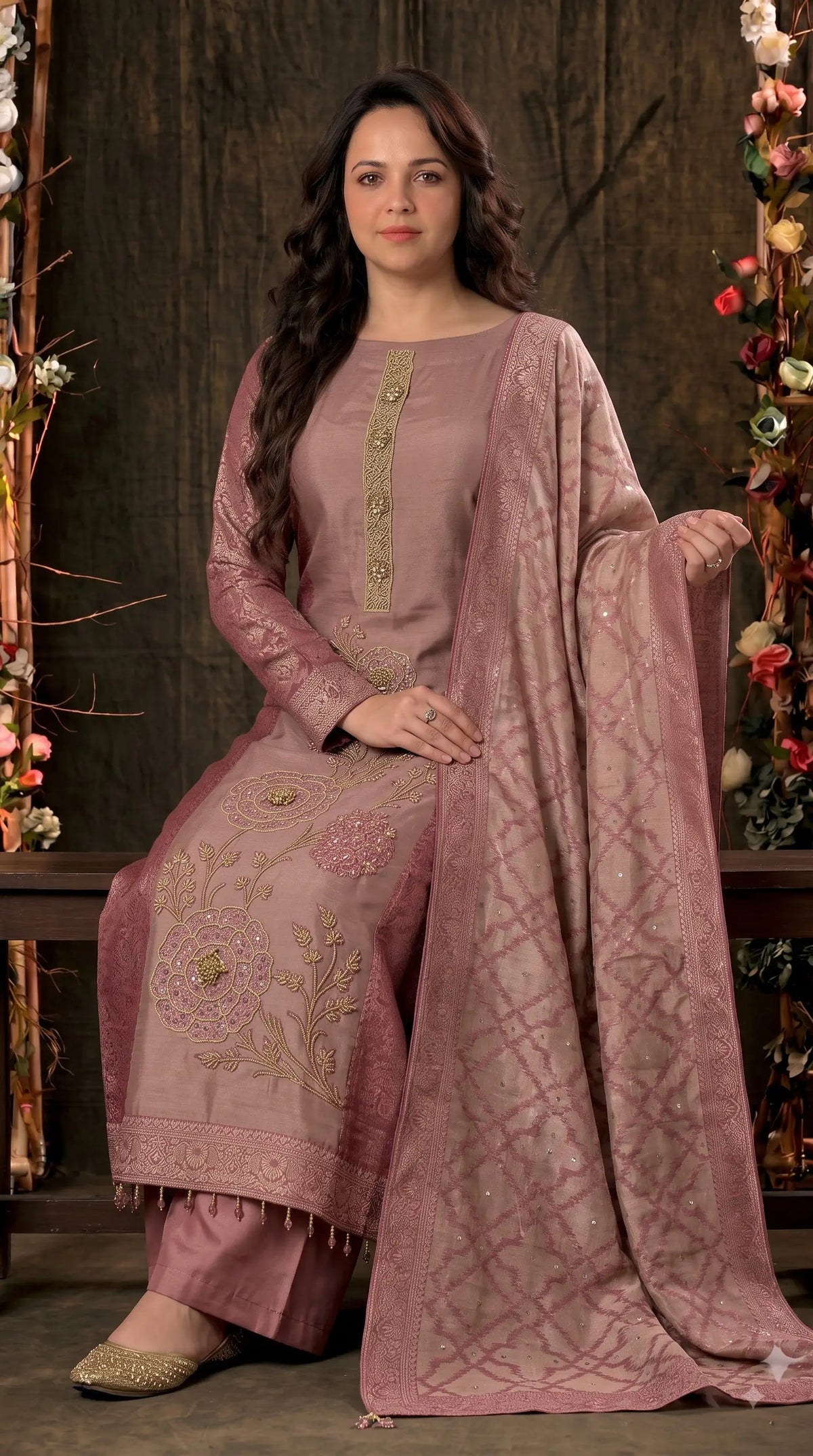 Premium Designer Dusty Rose Pink Banarasi Suit with Royal Floral Hand Work