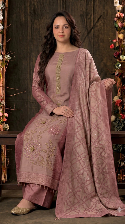 Premium Designer Dusty Rose Pink Banarasi Suit with Royal Floral Hand Work