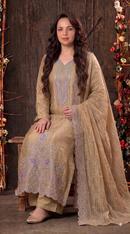 Premium Designer Champagne Gold Suit with Pearl, Cutdana & Zari Work