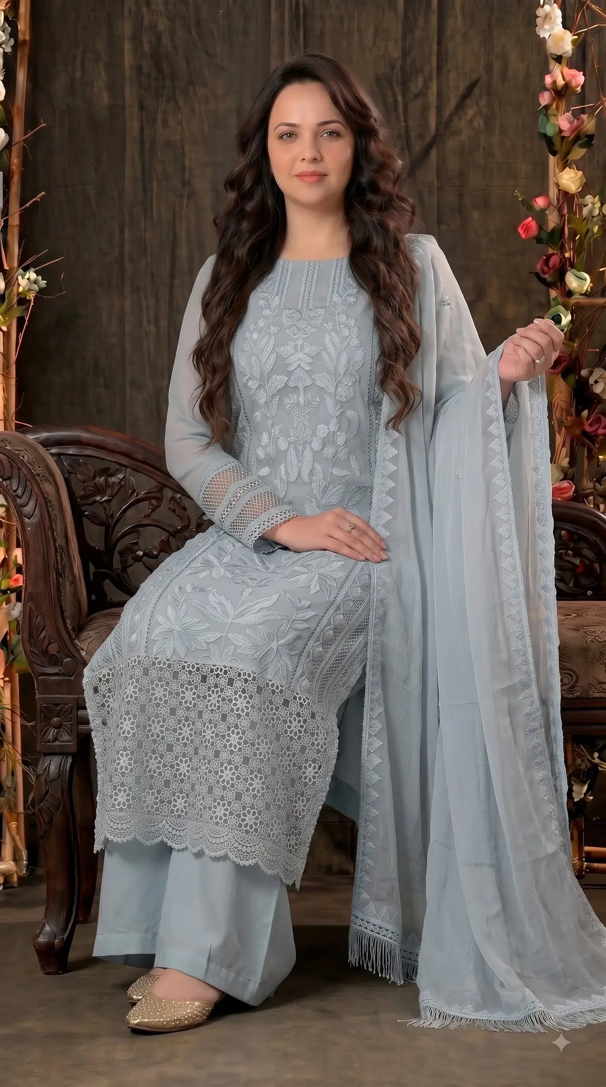 Premium Designer Ice Blue Suit in Soft Organza Fabric