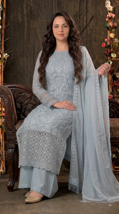 Premium Designer Ice Blue Suit in Soft Organza Fabric