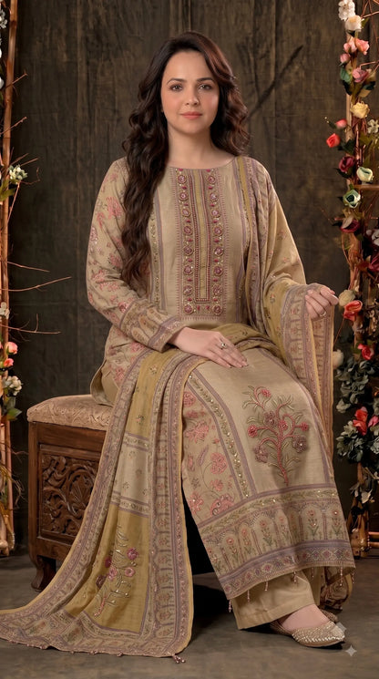 Premium Designer Beige-Gold Very Soft Tissue Suit with Pink Floral Pearl, Bead & Sequin Work