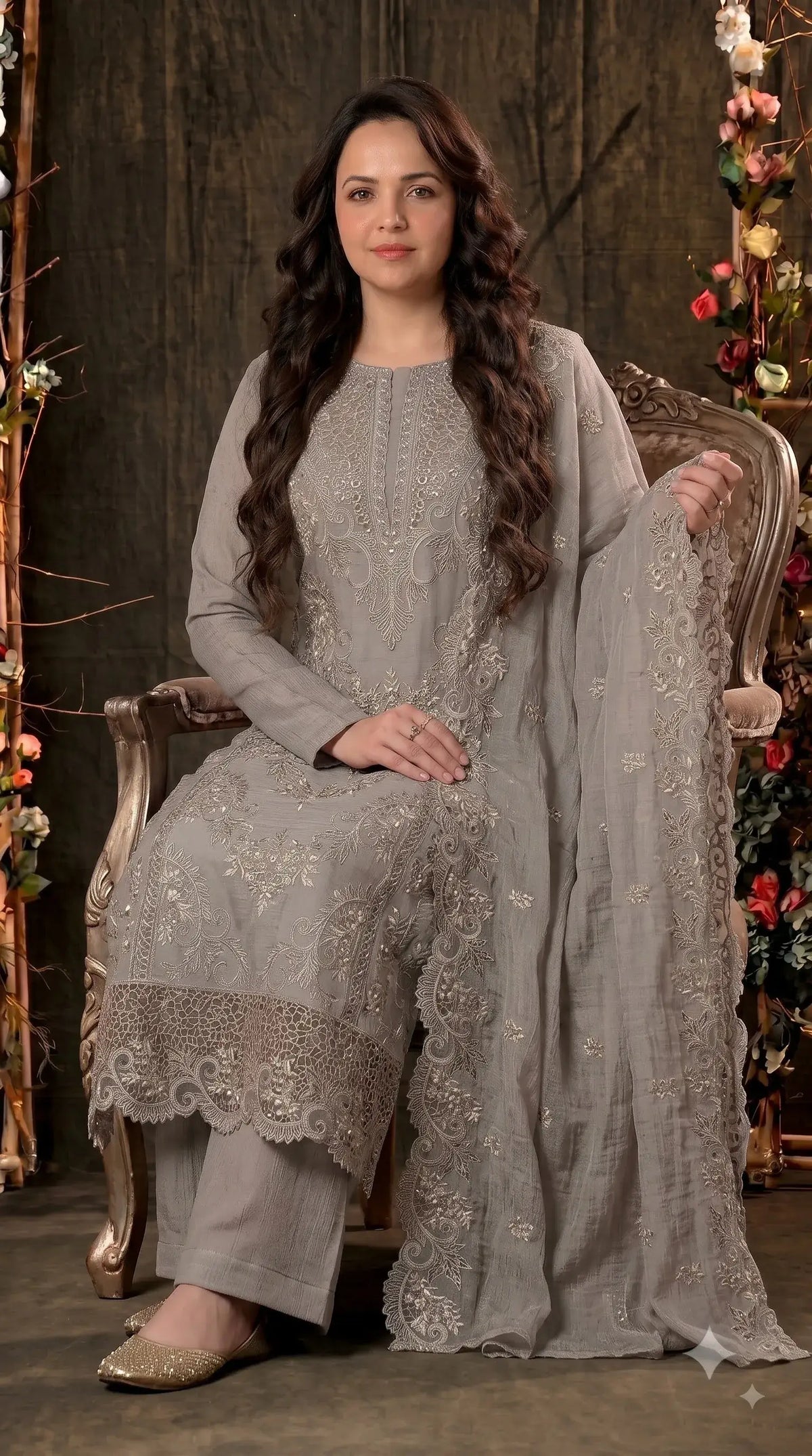 Pakistani Designer Ivory Marble Chiffon Suit with Cutwork Embroidery & Swarovski Work Pakistani Suit