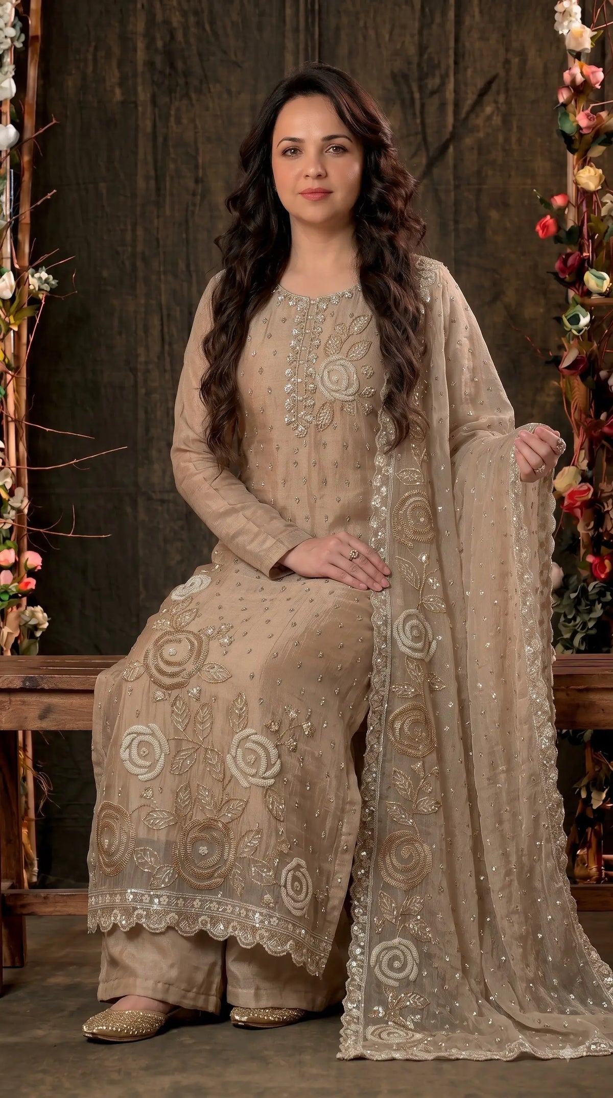 Premium Beige Soft Tissue Designer Suit with Pearl Work