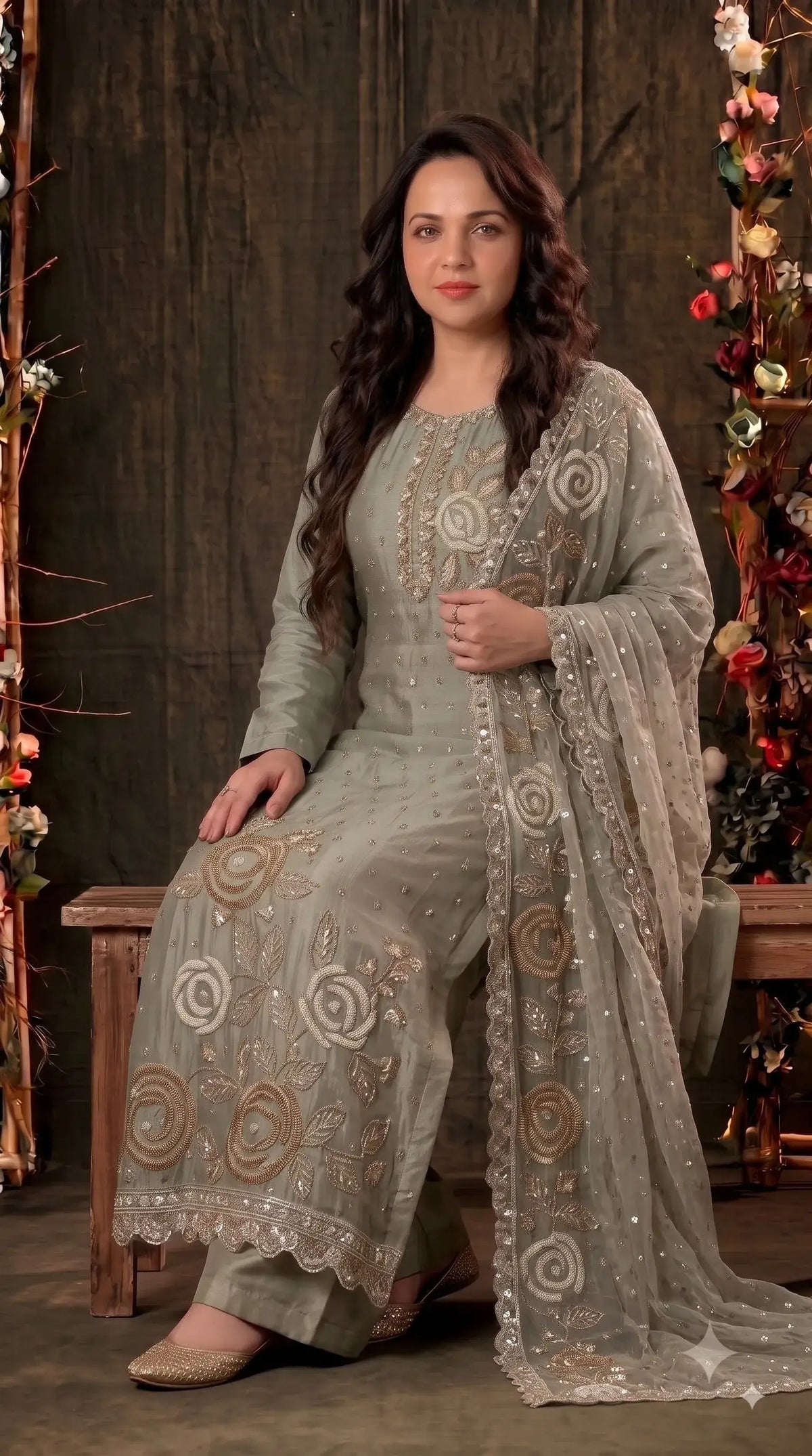 Premium Dusty Sage Green Soft Tissue Designer Suit with Pearl Work
