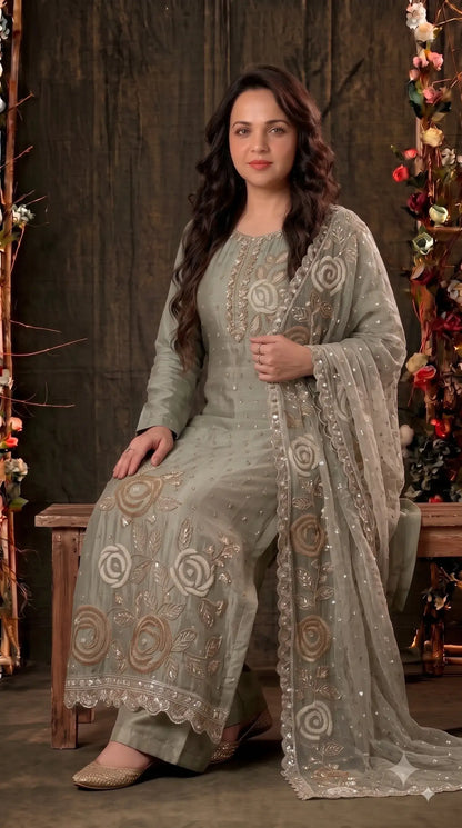 Premium Dusty Sage Green Soft Tissue Designer Suit with Pearl Work