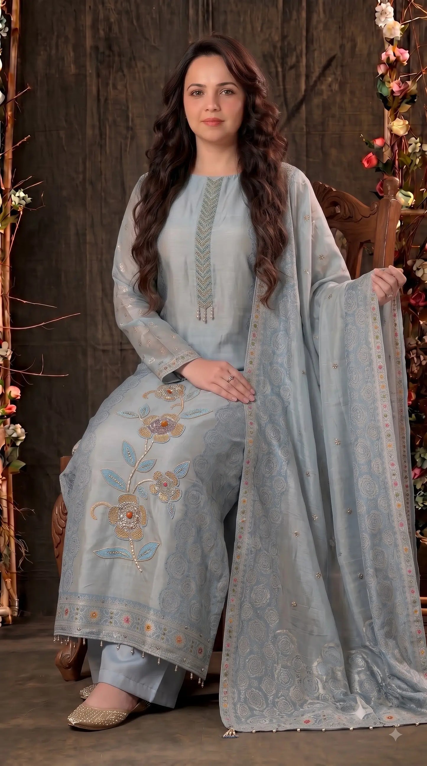Premium Designer Sky Blue Banarsi Suit with Floral Bead & Sequin Work