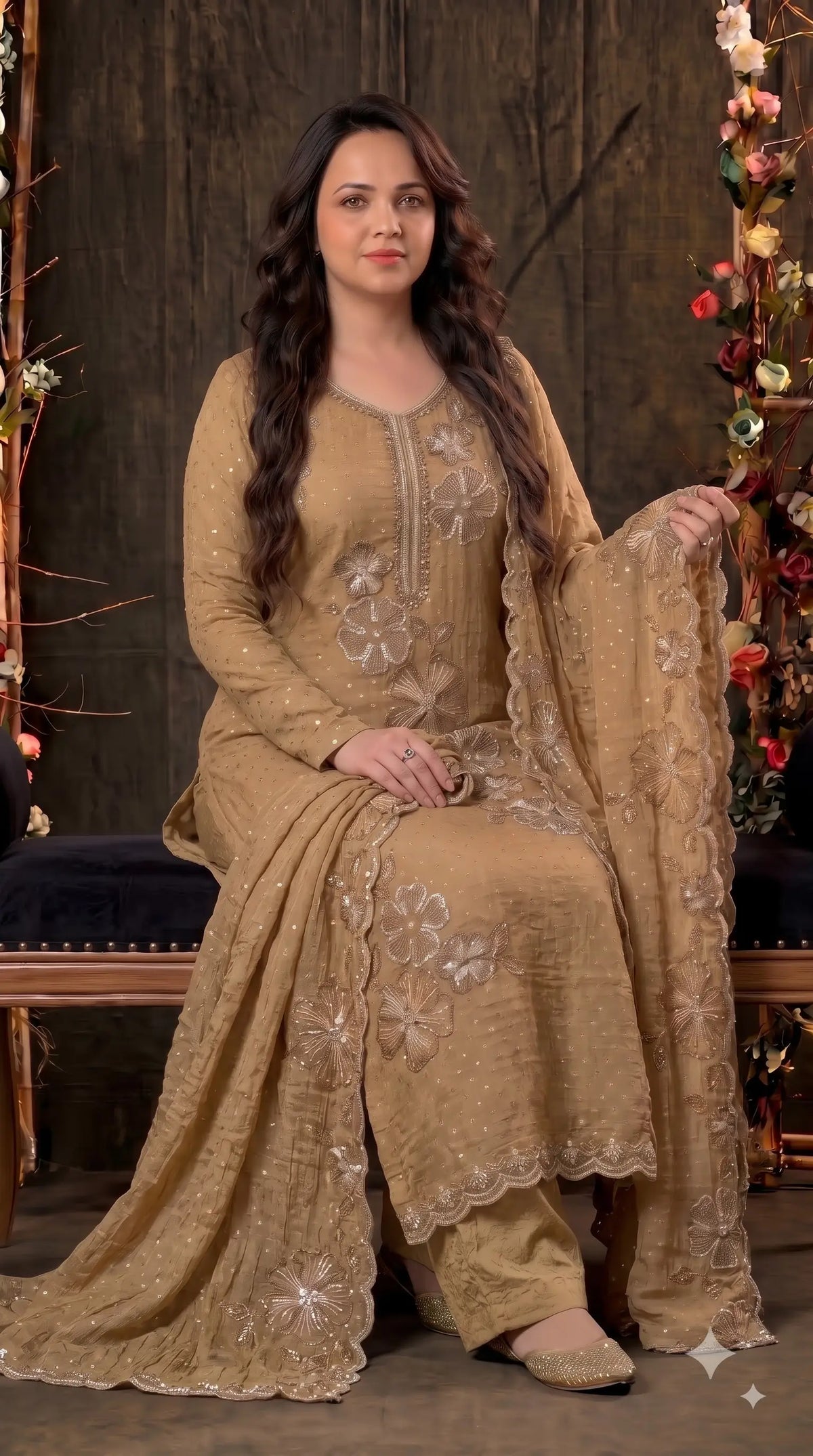 Premium Designer Antique Gold Soft Tissue Suit with Floral Pearl, Sequin & Bead Work