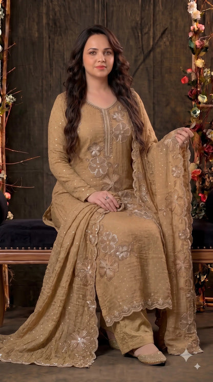 Premium Designer Antique Gold Soft Tissue Suit with Floral Pearl, Sequin & Bead Work