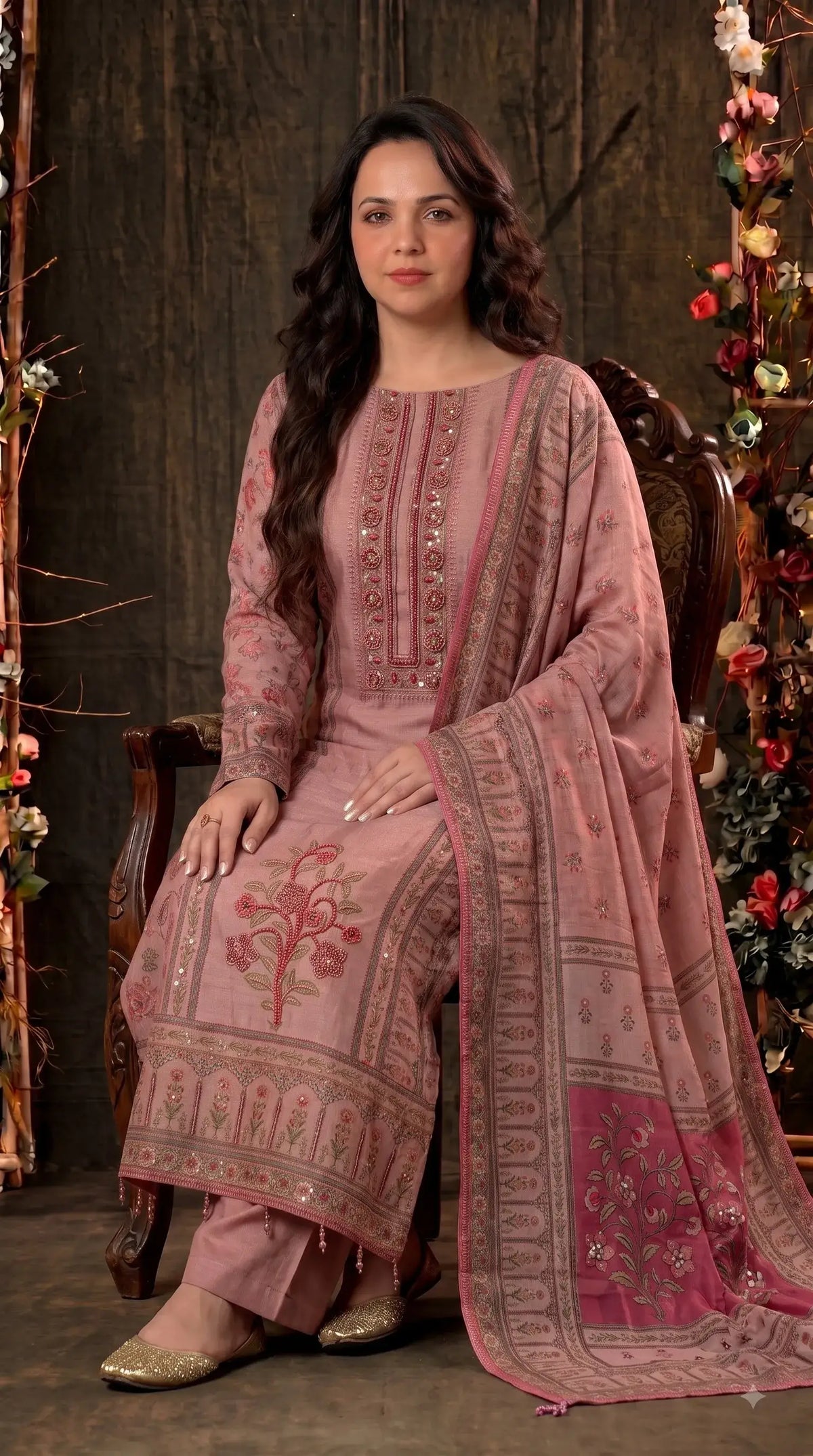 Pakistani Designer Pink Very Soft Tissue Suit with Pink Floral Pearl, Bead & Sequin Work
