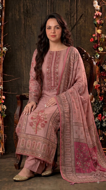 Pakistani Designer Pink Very Soft Tissue Suit with Pink Floral Pearl, Bead & Sequin Work