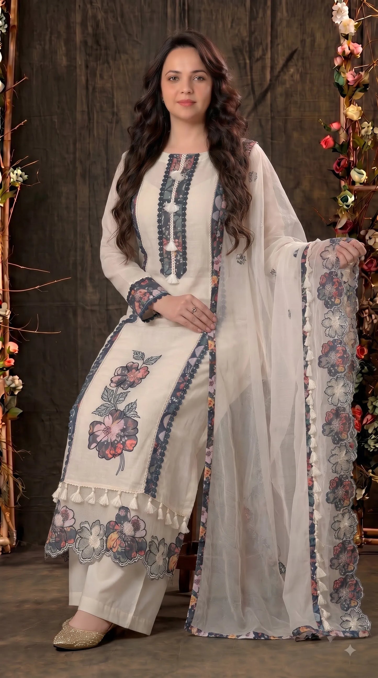 Premium Designer Off-White Soft Cotton Suit with Floral Detailing & Pearl Accents