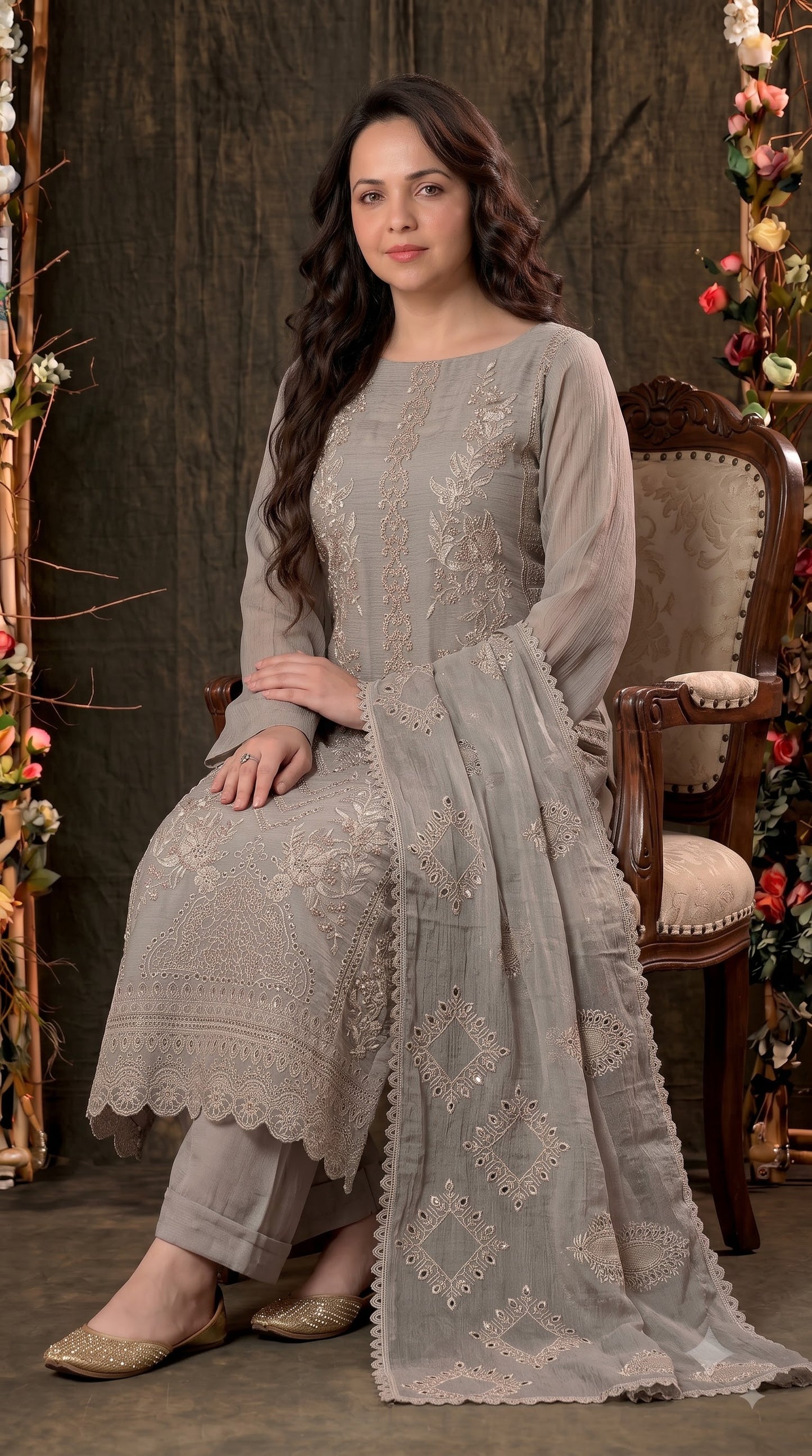 Premium Designer Taupe Grey Soft Crush Tissue Suit with Pearl, Sequin & Floral Embroidery Work